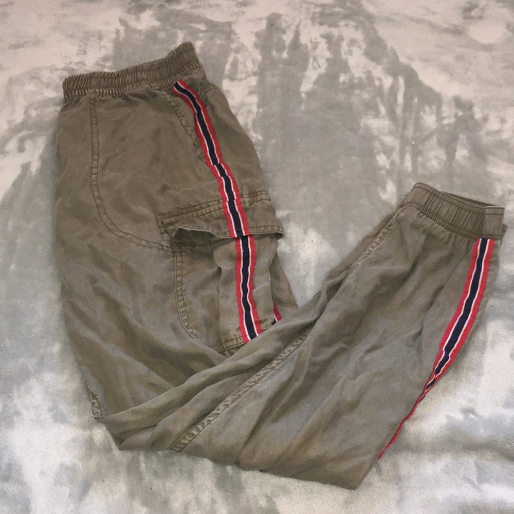 Green cargo pants with red,blue,white stripe